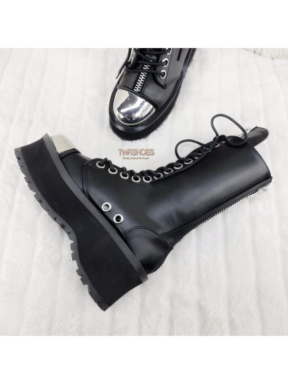 Gravedigger Chrome Toe Cap Platform Goth Punk Boots - Picture 4 of 12